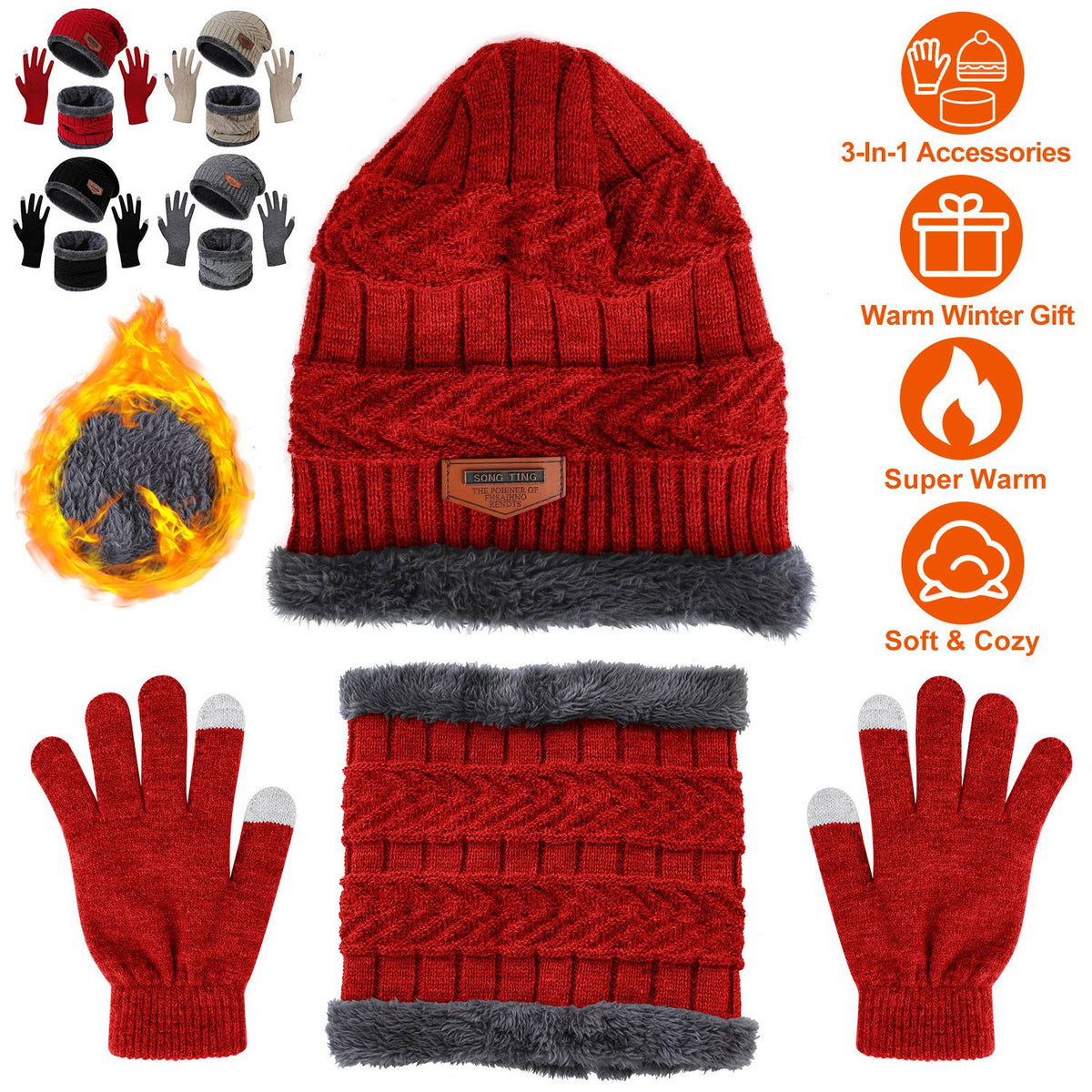 Knit Beanie, Scarf & Touchscreen Gloves 3-Piece Set
