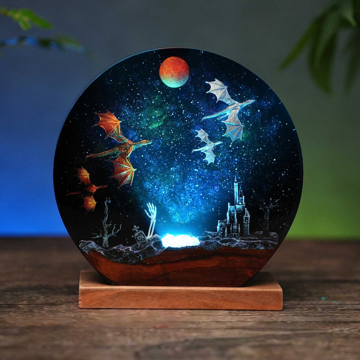 Ice & Fire Dragon Resin Night Lamp | Wood Base | 3 Sizes