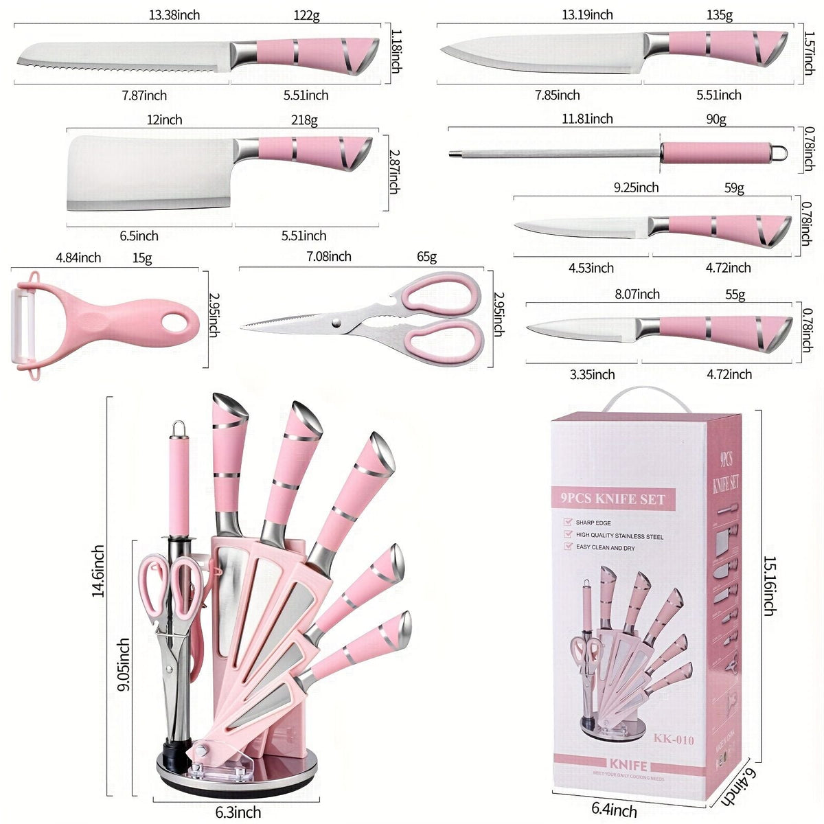 9 Piece Kitchen Knife Set with Built-In Sharpener Block
