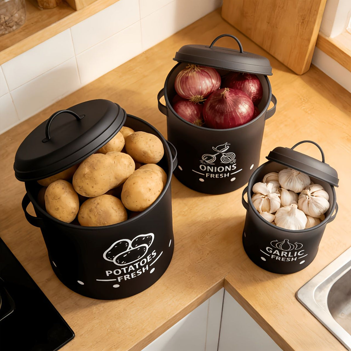 3-Piece Metal Vegetable Storage Set with Lids