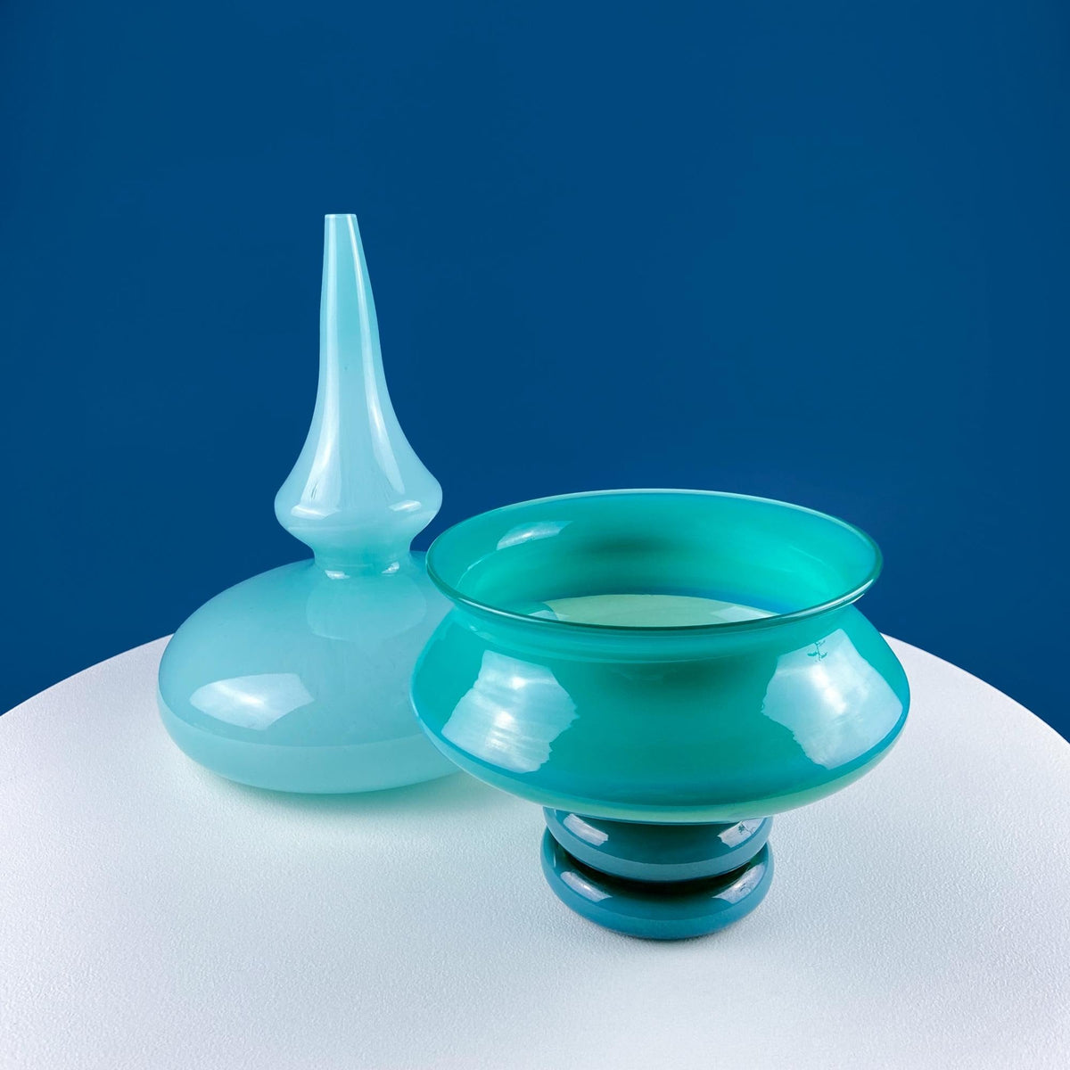 Hand-Blown White & Clear Art Glass Vase | Swirl Handle