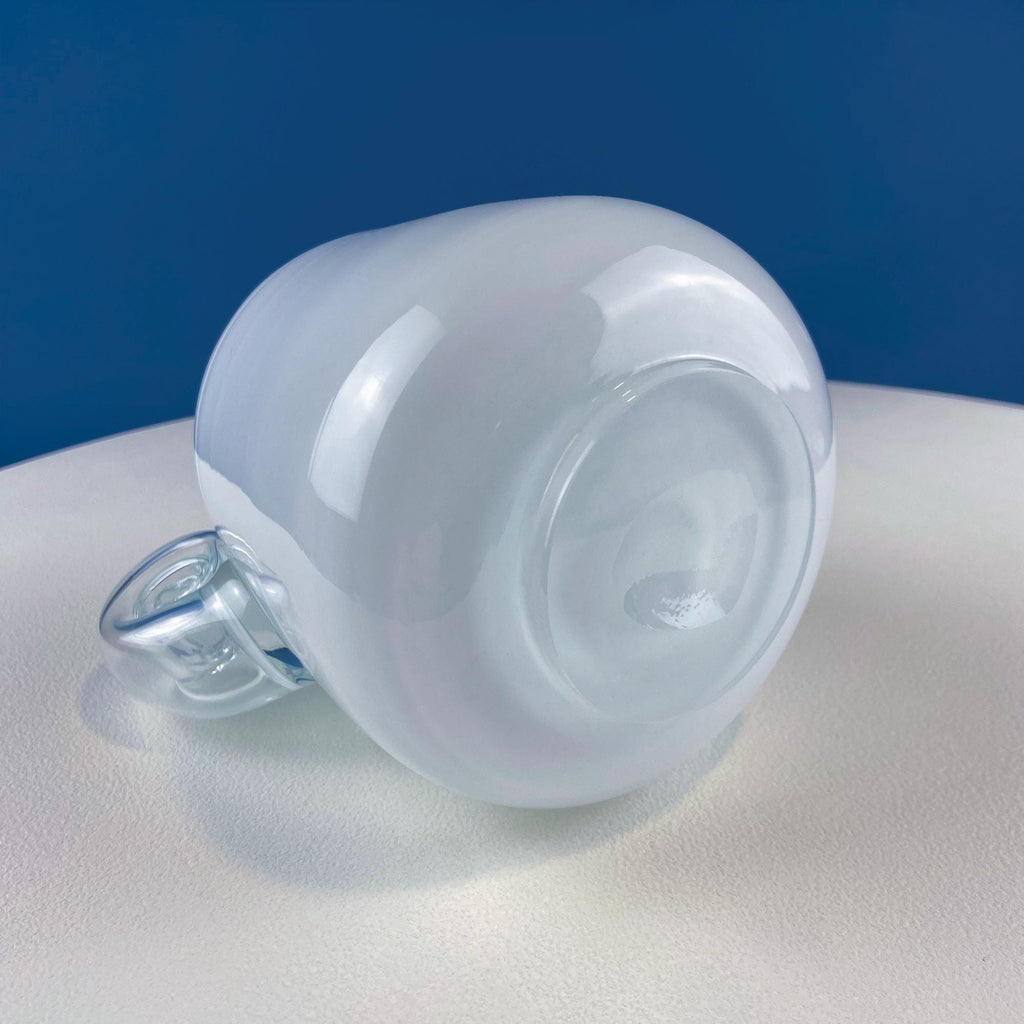 Hand-Blown White & Clear Art Glass Vase | Swirl Handle