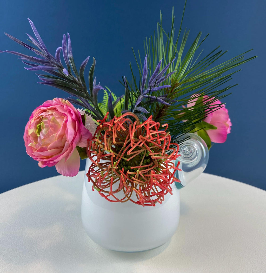Hand-Blown White & Clear Art Glass Vase | Swirl Handle