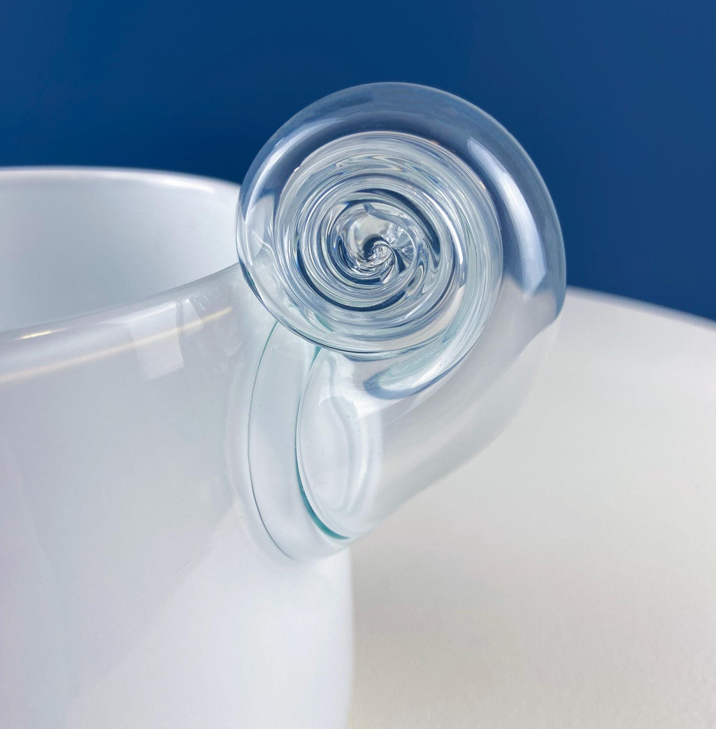 Hand-Blown White & Clear Art Glass Vase | Swirl Handle
