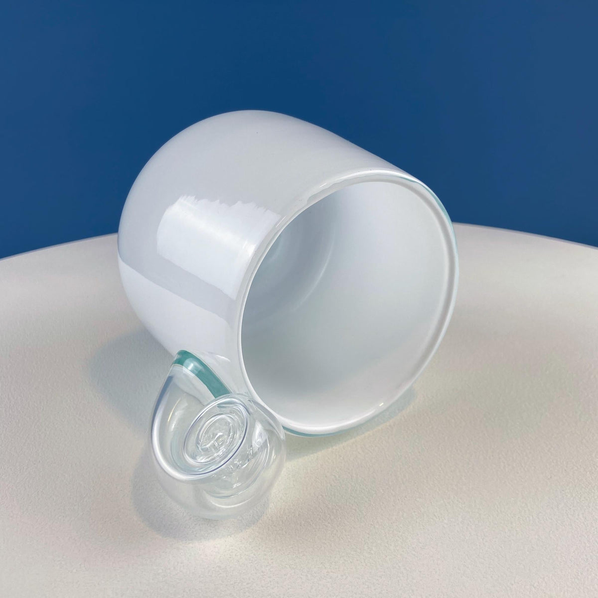 Hand-Blown White & Clear Art Glass Vase | Swirl Handle