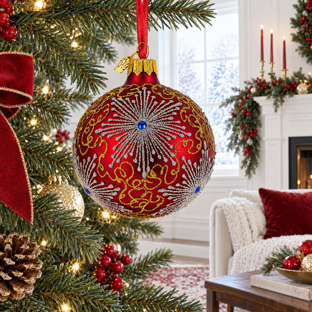 Jeweled Snowflake Red Glass Christmas Ornament | 3.25"