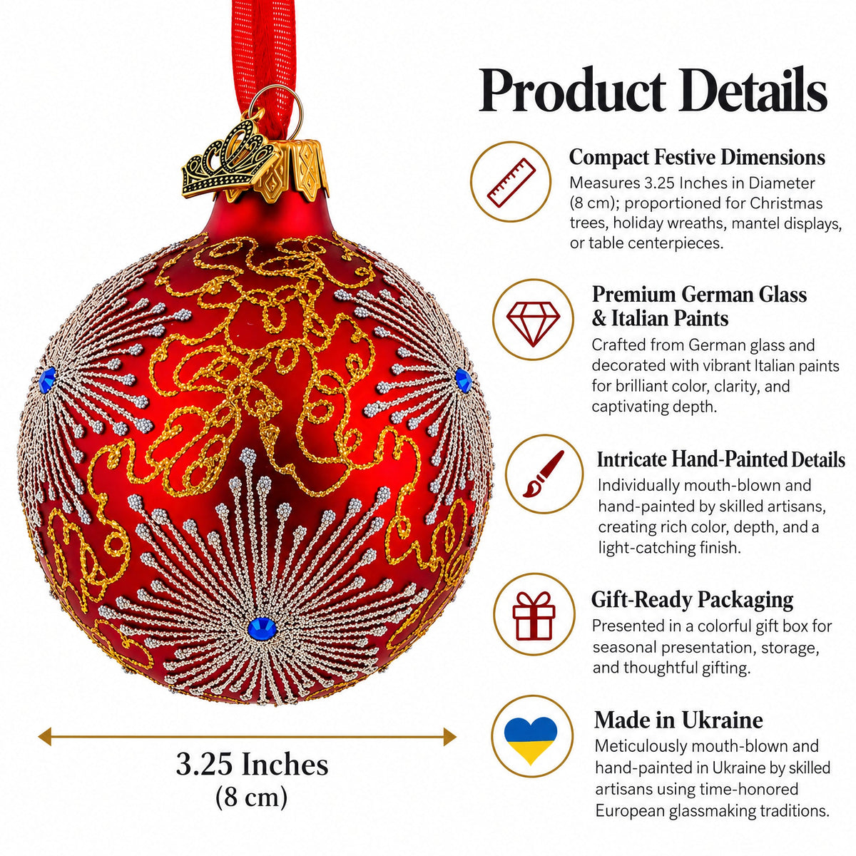 Jeweled Snowflake Red Glass Christmas Ornament | 3.25"