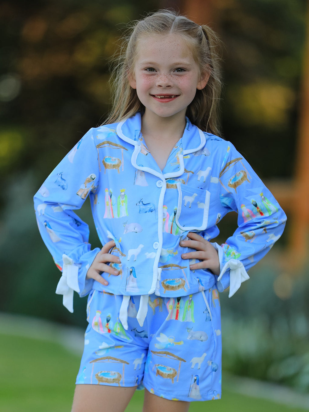 Girls' Blue Nativity Christmas Pajama Set