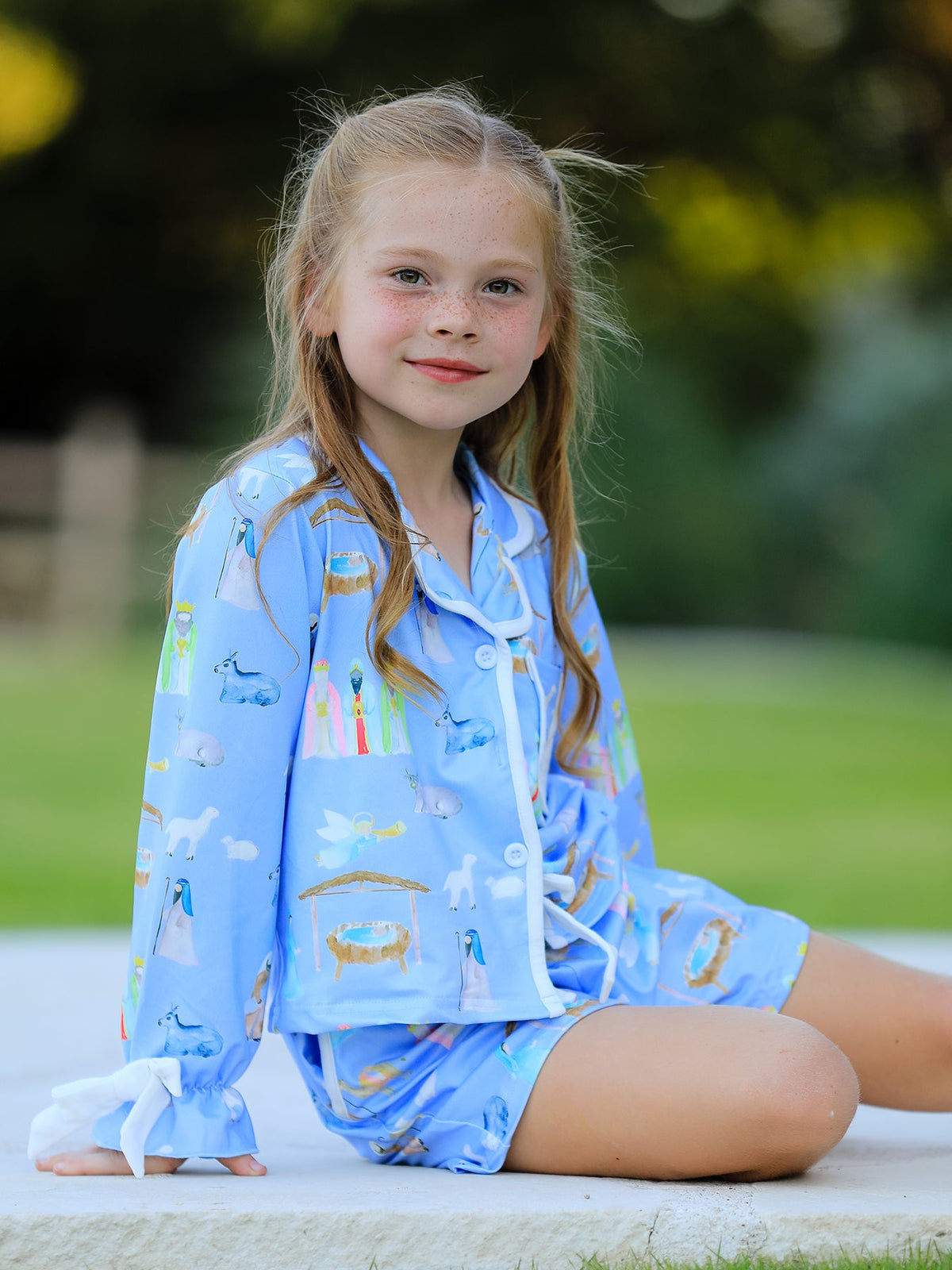 Girls' Blue Nativity Christmas Pajama Set