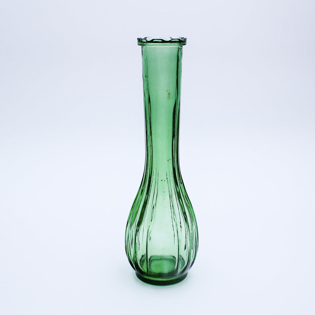 Emerald Ribbed Glass Bud Vase | Scalloped Rim