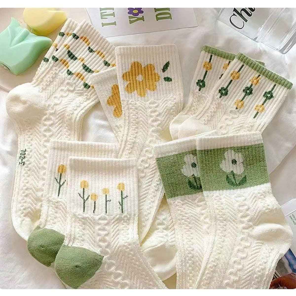 Women’s Floral Cotton Socks – 5 Pairs US Size 6–10 One Size Fits