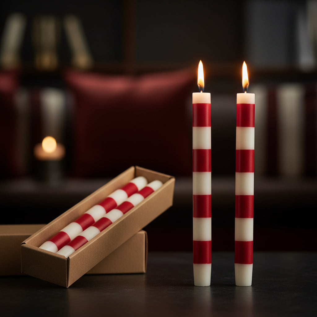 Cream & Red Striped Taper Candles – Set of 2