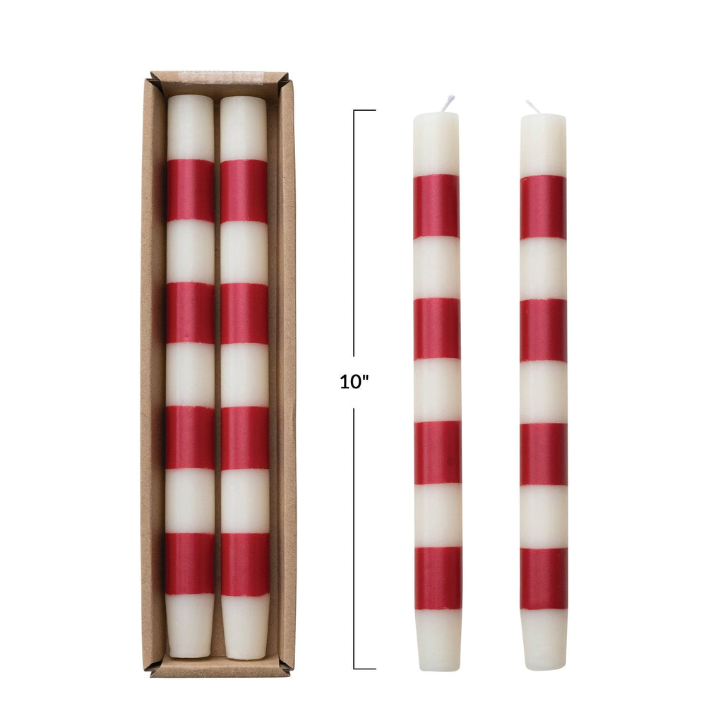 Cream & Red Striped Taper Candles – Set of 2